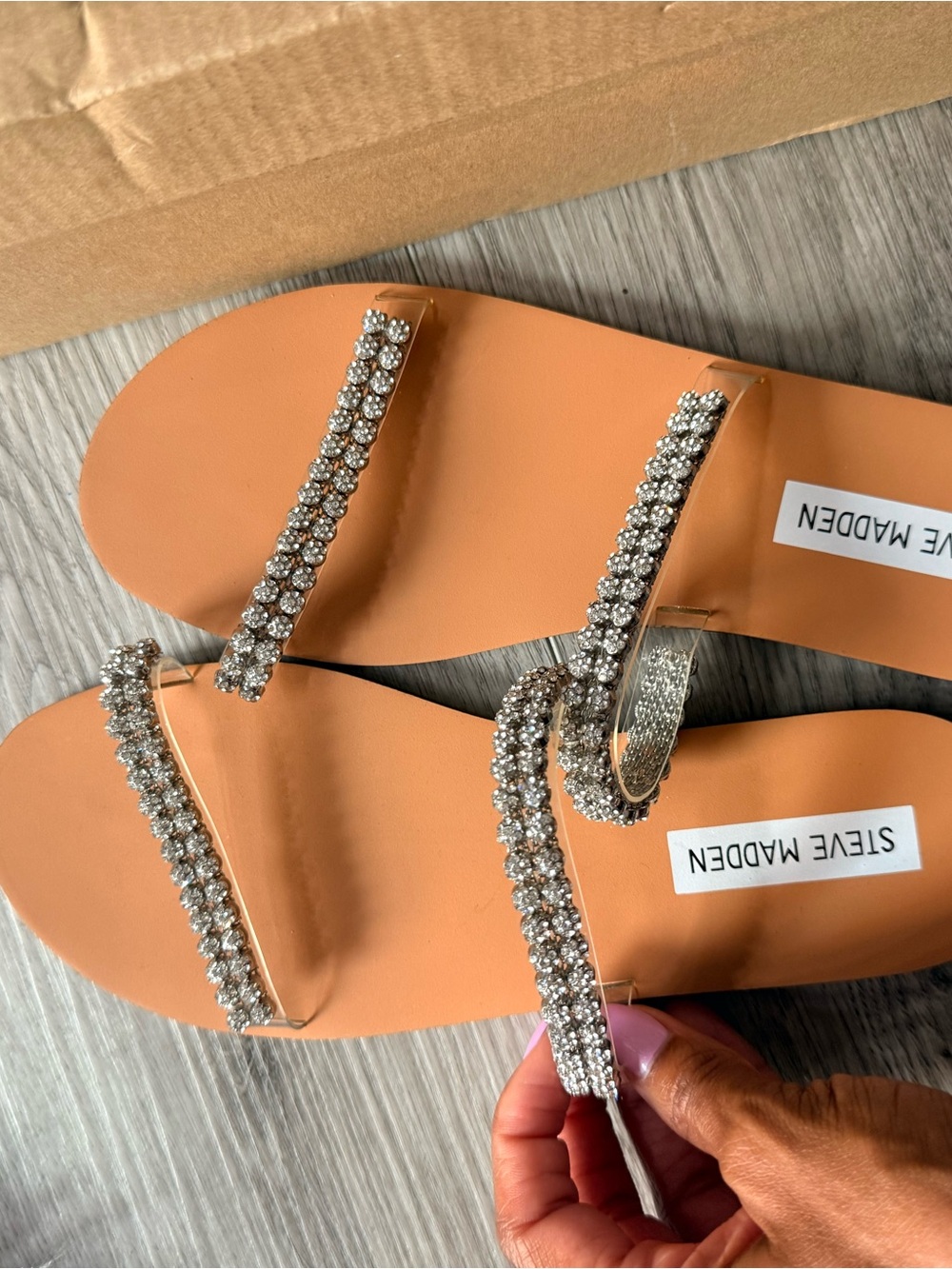 Steve Madden Tan Slide Sandals with Rhinestone Straps - Picture 3 of 7